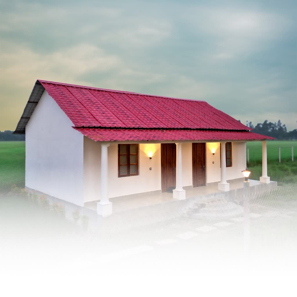 Red-roof eco cottage at Mangrove Forest Camp with the gold mangrove tree brand mark