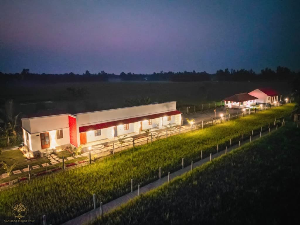 Aerial night view of Mangrove Forest Camp eco stay cottages and grounds in the Sundarbans
