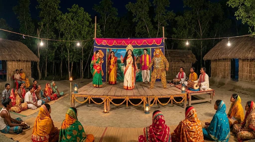 Bonbibi Pala folk theatre at night in the Sundarbans — Bonbibi, tiger character, musicians, and village audience