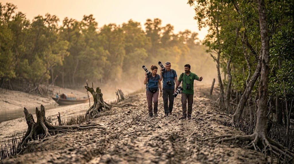 Guided village walk through Sundarban mangrove paths near Mangrove Forest Camp at golden hour