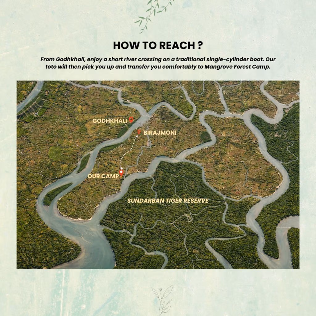 How to reach Mangrove Forest Camp from Godkhali via Birajmoni — map route to Sundarban eco stay near Tiger Reserve