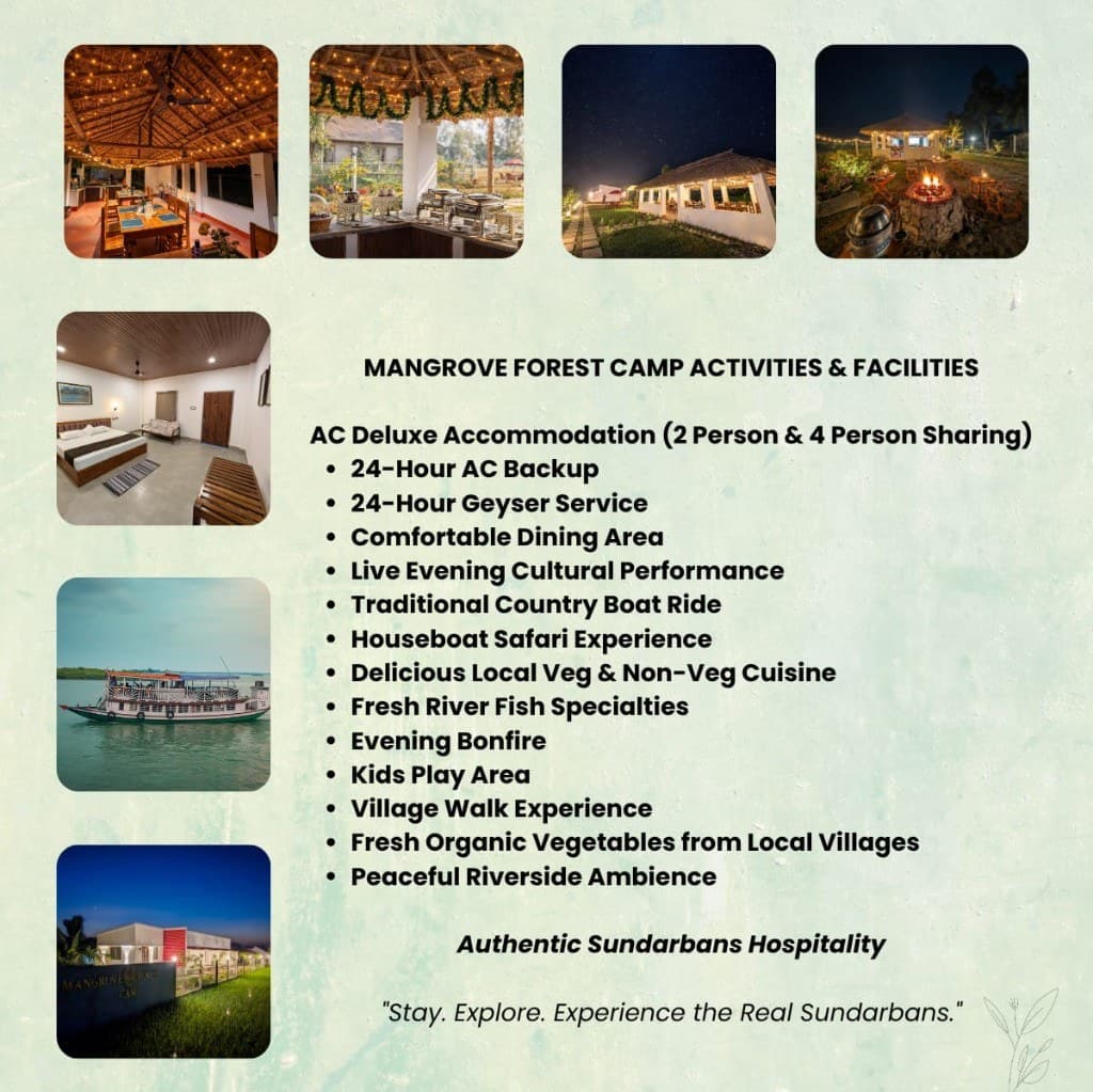 Mangrove Forest Camp activities and facilities — AC deluxe rooms, dining, houseboat safari, evening bonfire, and cultural performances in the Sundarbans