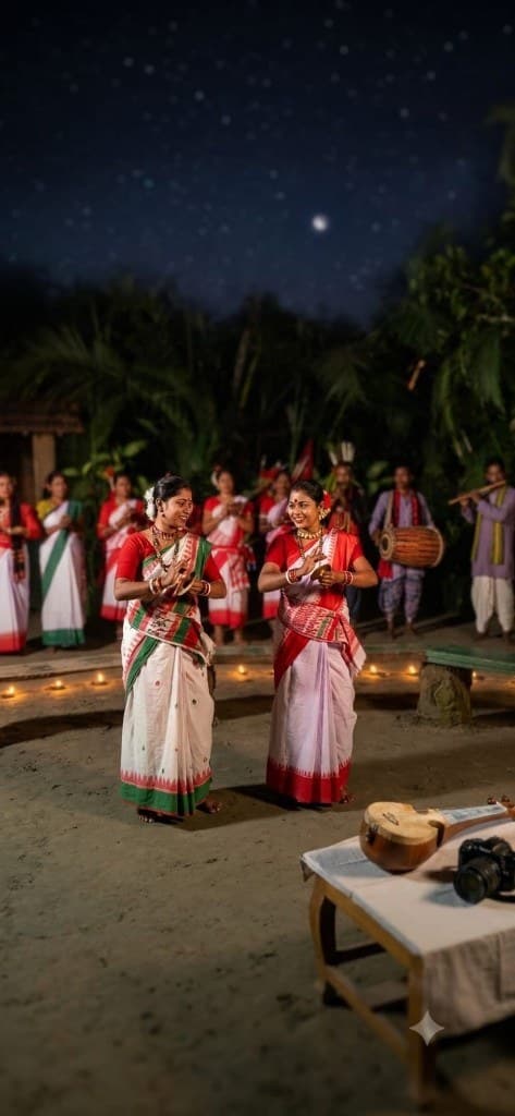 Tribal dance at night in the Sundarbans — dancers in red and white sarees with musicians under a starry sky